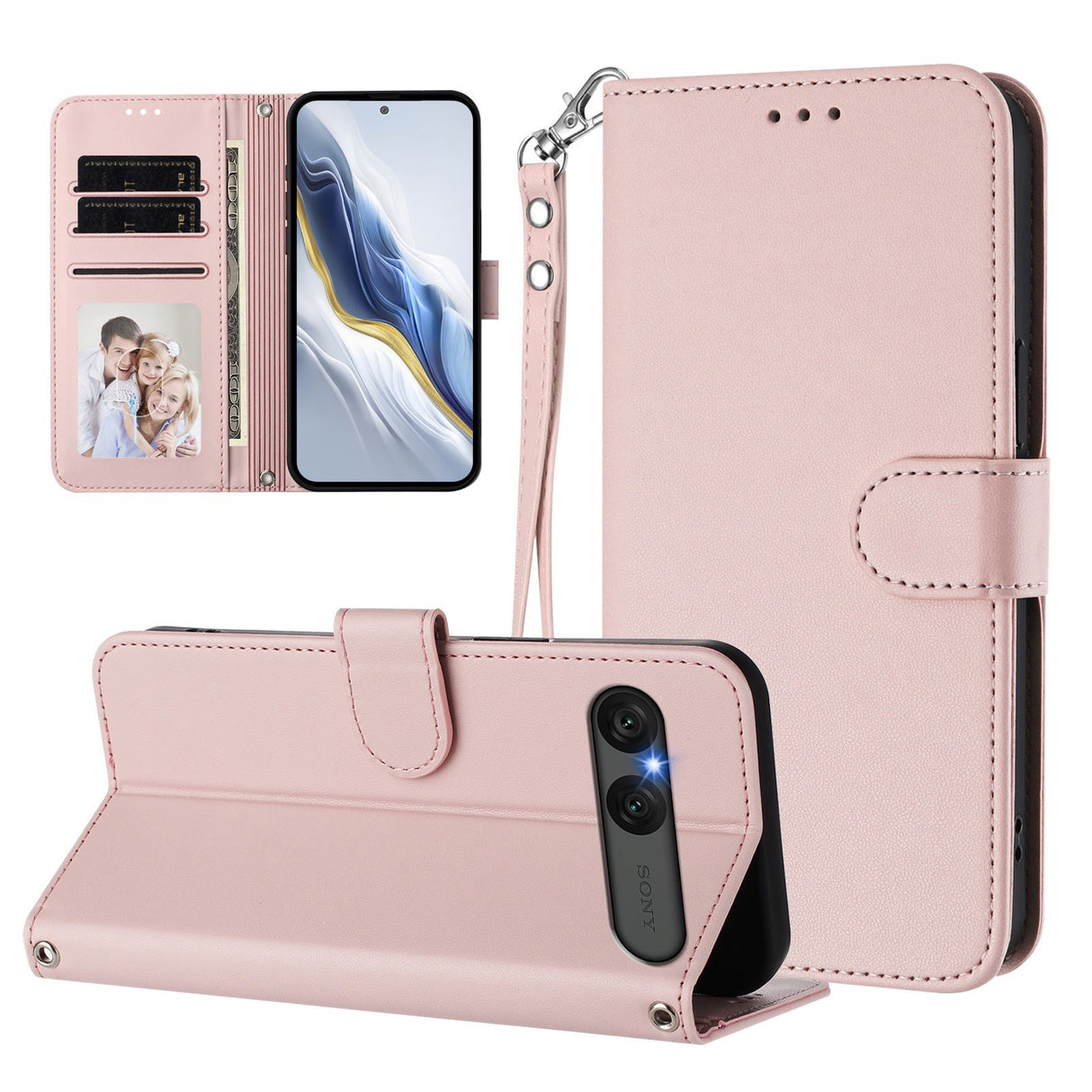 Sony Xperia 10 VII - EIDERWOOD Kunstlæder Flip Cover - Kortholder & Strop - Lyserød