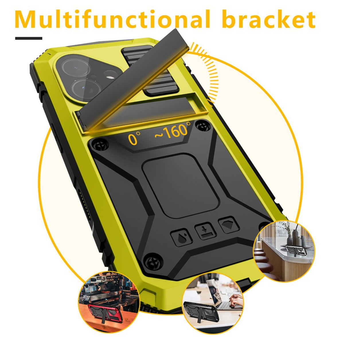 iPhone 17 R-JUST Hybrid Bagside Cover m. Indbygget Skærmbeskyttelse & Kickstand - Gul