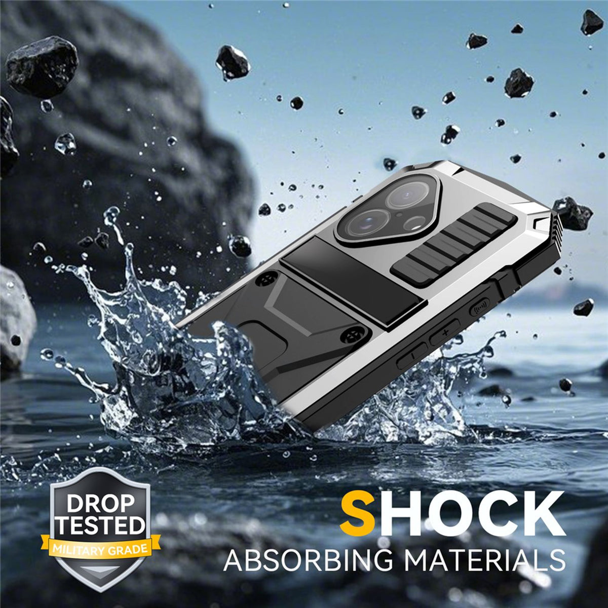 iPhone 17 R-JUST Hybrid Bagside Cover m. Indbygget Skærmbeskyttelse & Kickstand - Sølv