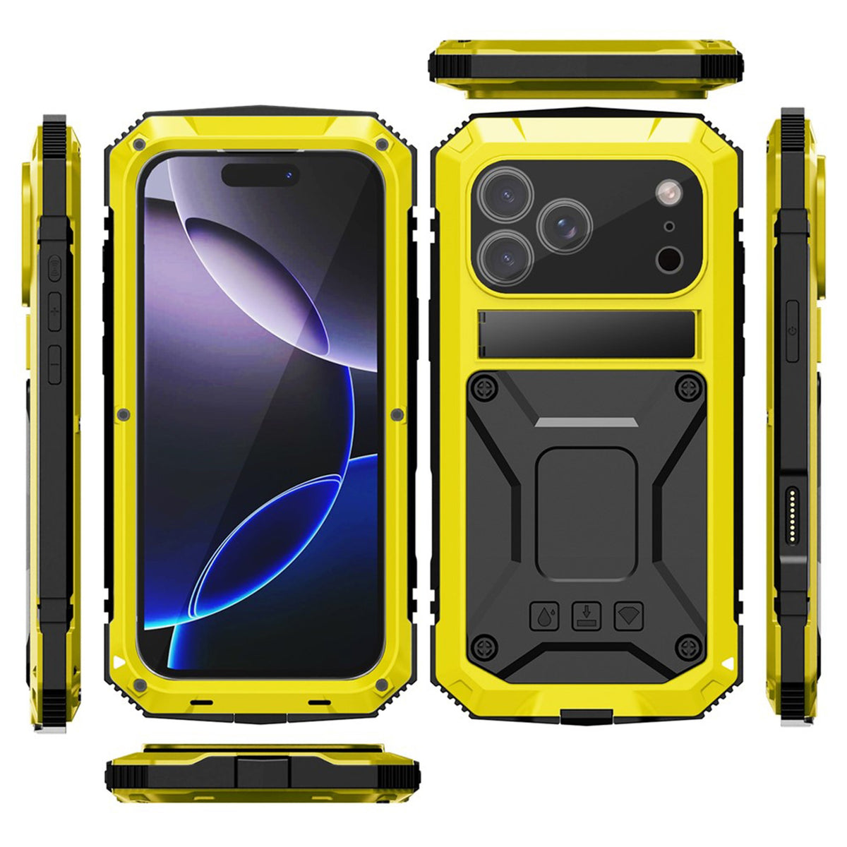iPhone 18 Pro / 17 Pro R-JUST Hybrid Bagside Cover m. Indbygget Skærmbeskyttelse & Kickstand - Gul