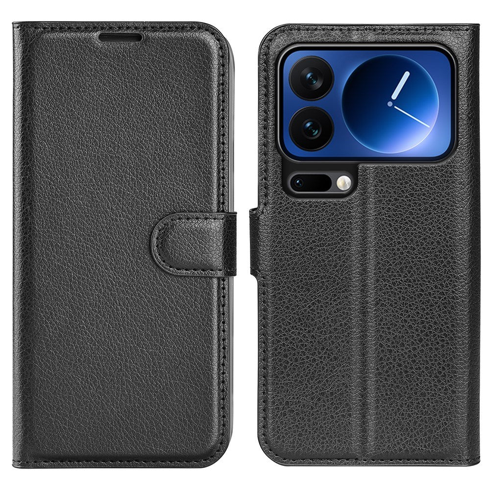 AMORUS Xiaomi 17 Pro Max Litchi Tekstur Kunstlæder Flip Mobil Cover m. Kortholder - Sort