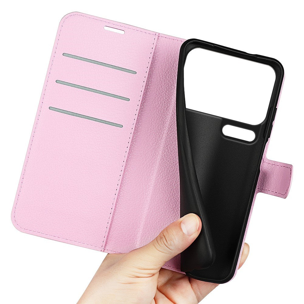 AMORUS Xiaomi 17 Pro Max Litchi Tekstur Kunstlæder Flip Mobil Cover m. Kortholder - Lyserød