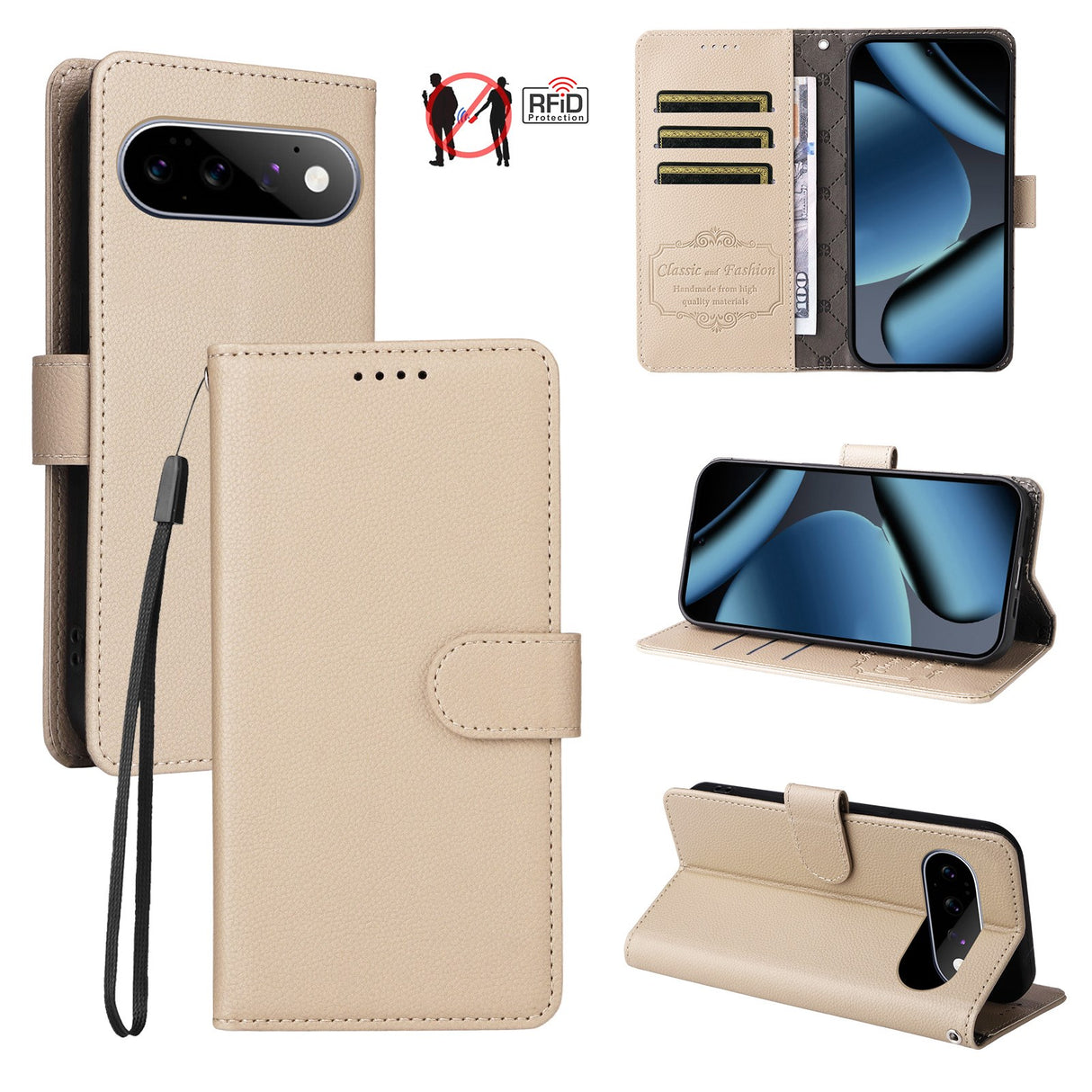 EIDERWOOD Google Pixel 11 / 11 Pro Flipcover inkl. Kortholder & Håndledsrem - Beige