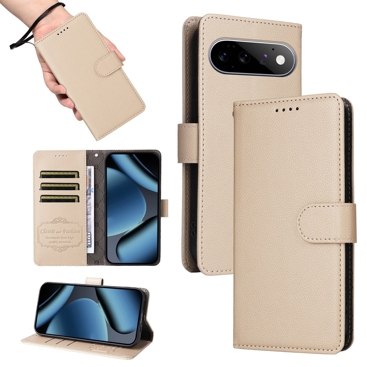 EIDERWOOD Google Pixel 11 / 11 Pro Flipcover inkl. Kortholder & Håndledsrem - Beige