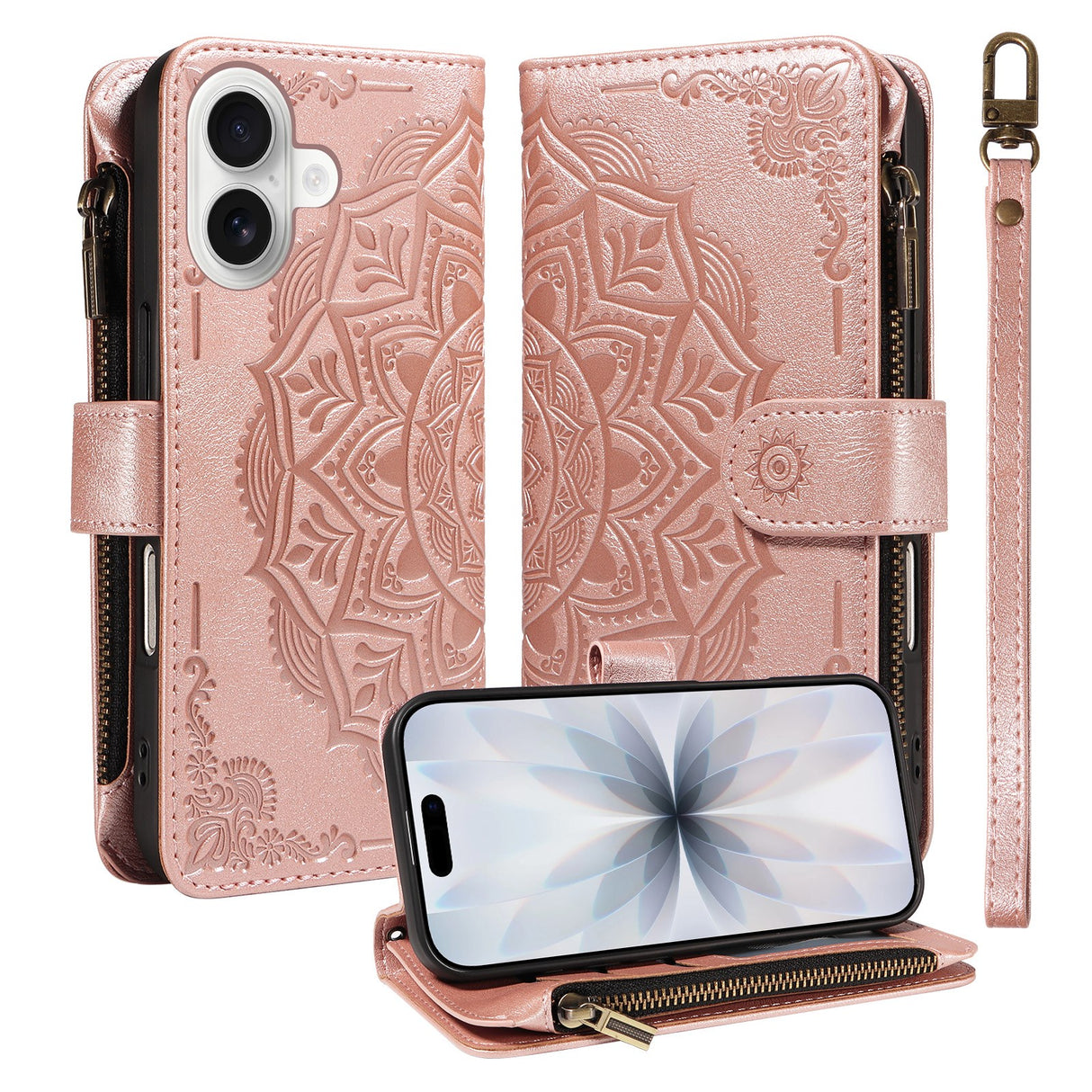 iPhone 17 EIDERWOOD Flipcase m. 9 x Kortholder / Lynlåslomme / RFDI-Blokering / Rem - Rose Gold