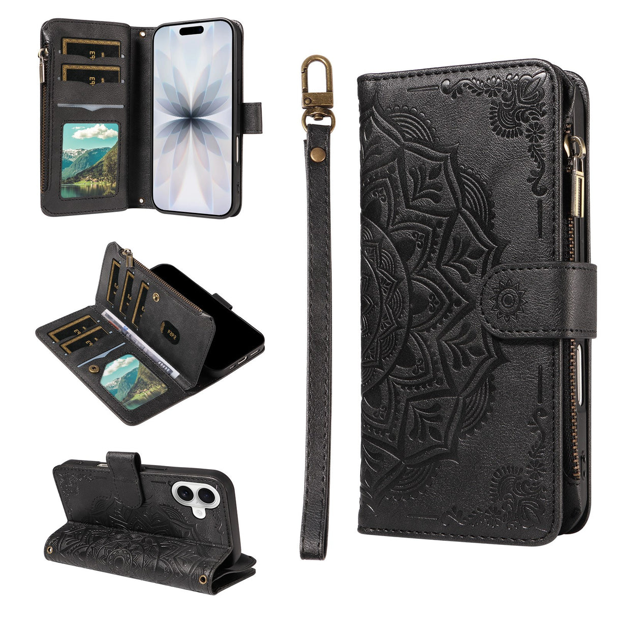 iPhone 17 EIDERWOOD Flipcase m. 9 x Kortholder / Lynlåslomme / RFDI-Blokering / Rem - Sort