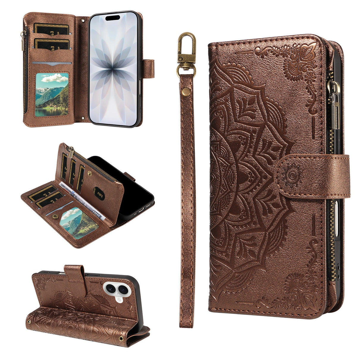 iPhone 17 EIDERWOOD Flipcase m. 9 x Kortholder / Lynlåslomme / RFDI-Blokering / Rem - Brun