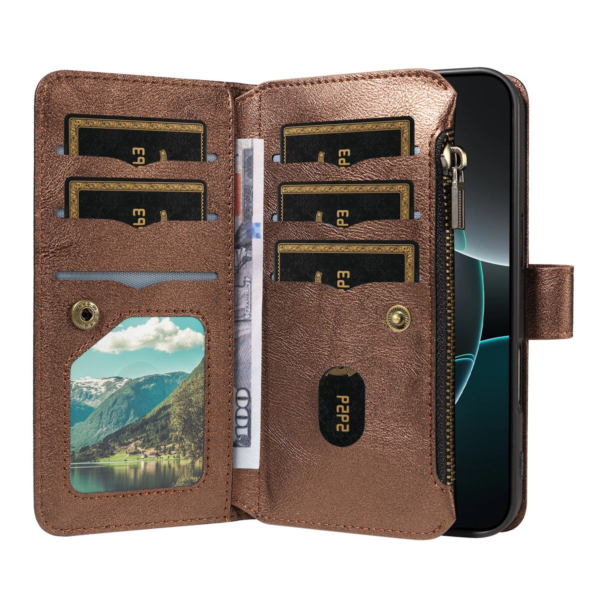 iPhone 17 EIDERWOOD Flipcase m. 9 x Kortholder / Lynlåslomme / RFDI-Blokering / Rem - Brun