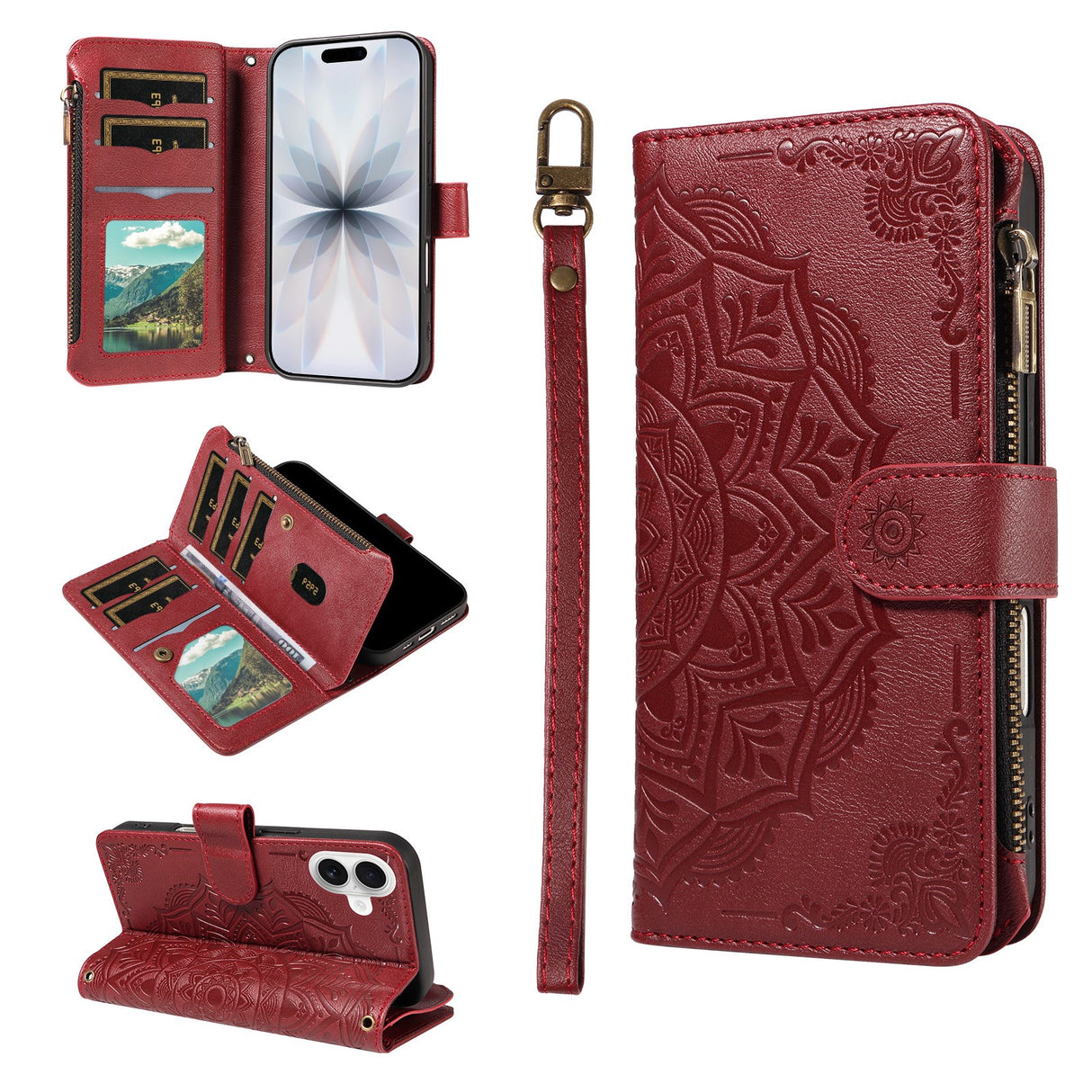 iPhone 17 EIDERWOOD Flipcase m. 9 x Kortholder / Lynlåslomme / RFDI-Blokering / Rem - Rød