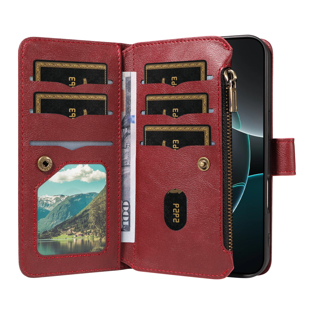 iPhone 17 EIDERWOOD Flipcase m. 9 x Kortholder / Lynlåslomme / RFDI-Blokering / Rem - Rød