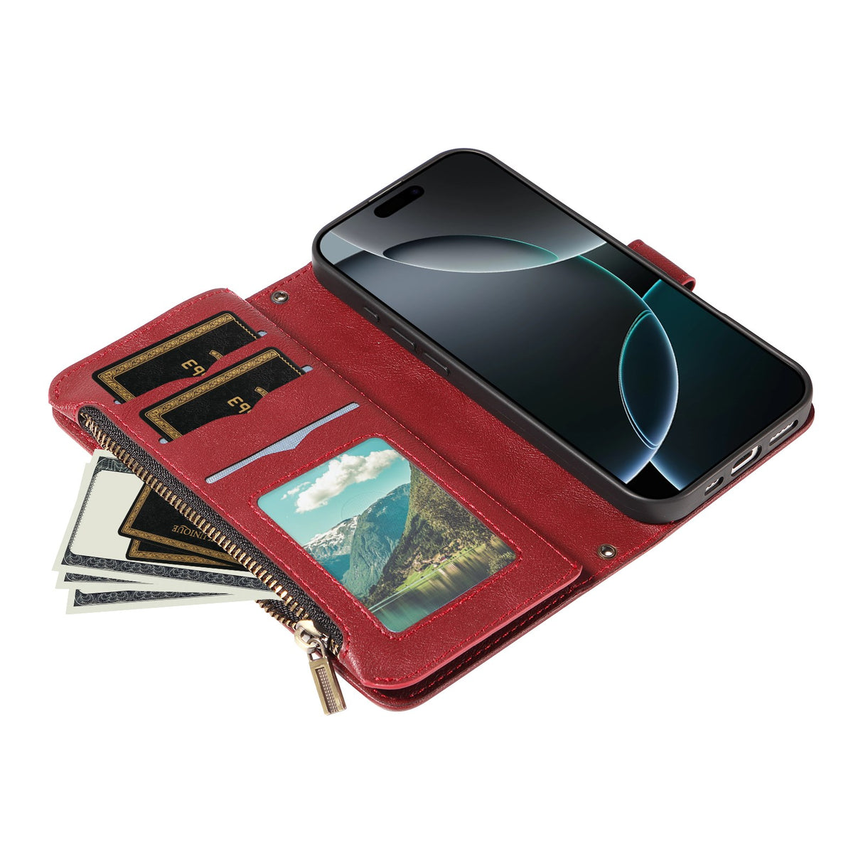 iPhone 17 EIDERWOOD Flipcase m. 9 x Kortholder / Lynlåslomme / RFDI-Blokering / Rem - Rød