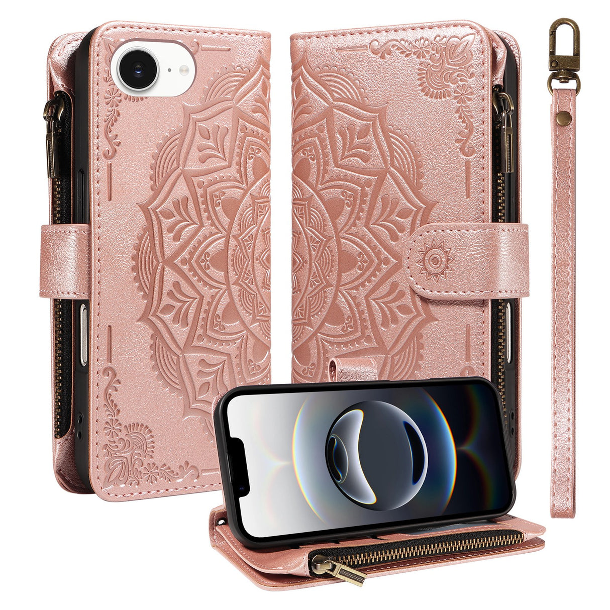 iPhone 17e / 16e EIDERWOOD Flipcase m. 9 x Kortholder / Lynlåslomme / RFDI-Blokering / Rem - Rose Gold