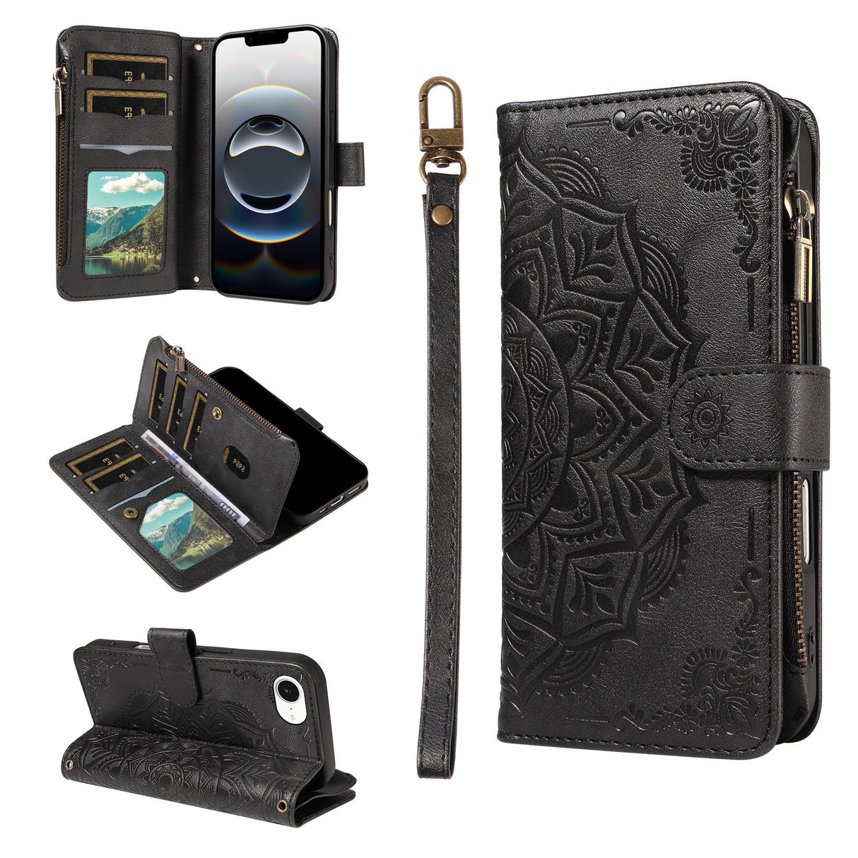 iPhone 17e / 16e EIDERWOOD Flipcase m. 9 x Kortholder / Lynlåslomme / RFDI-Blokering / Rem - Sort