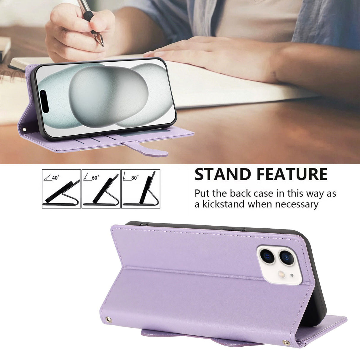 iPhone 12 / 12 Pro Flip Cover - 3D Katteører - Kortholder - Ståfunktion - Lilla