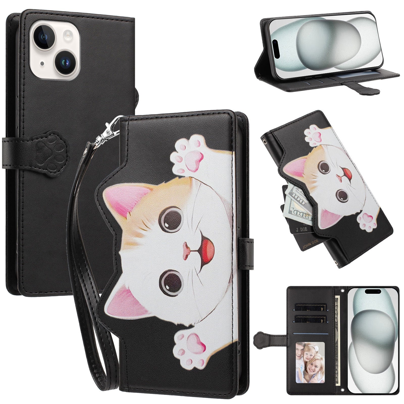 iPhone 14 / 13 Flip Cover - 3D Katteører - Kortholder - Ståfunktion - Sort