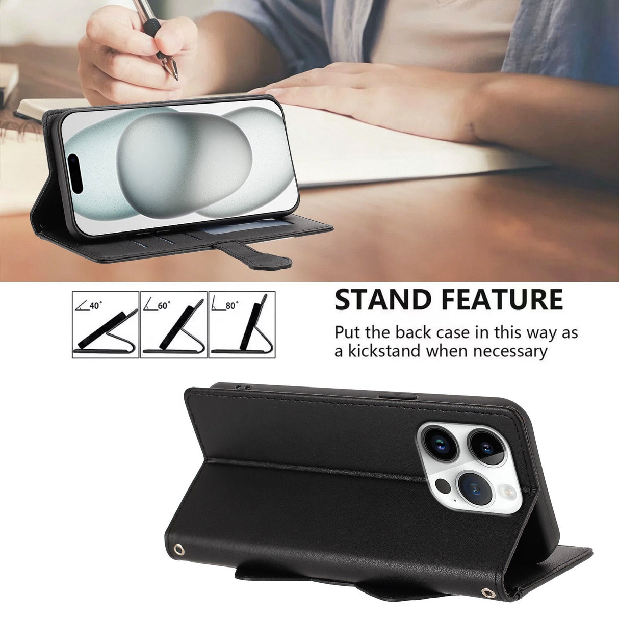iPhone 16 Pro Flip Cover - 3D Katteører - Kortholder - Ståfunktion - Sort