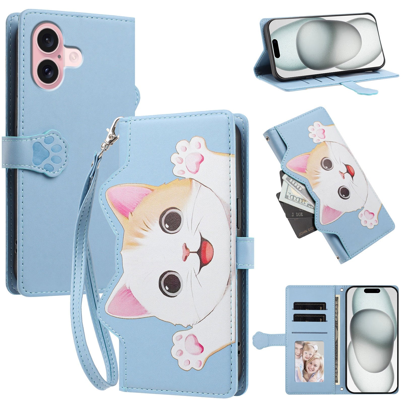 iPhone 16 Flip Cover - 3D Katteører - Kortholder - Ståfunktion - Blå