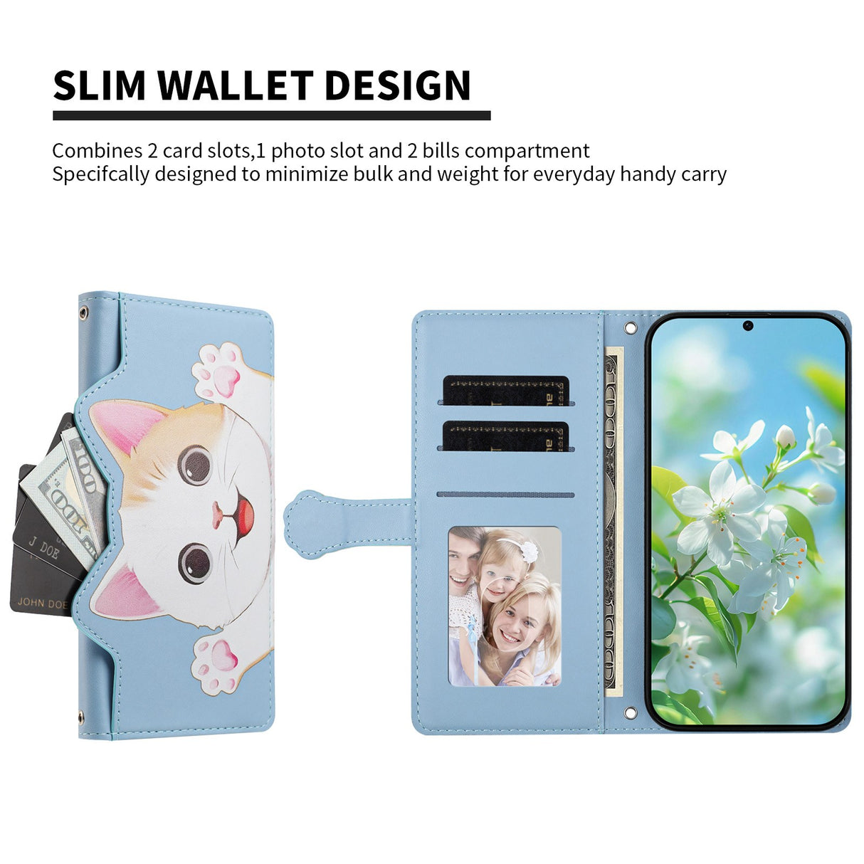 iPhone 16 Flip Cover - 3D Katteører - Kortholder - Ståfunktion - Blå