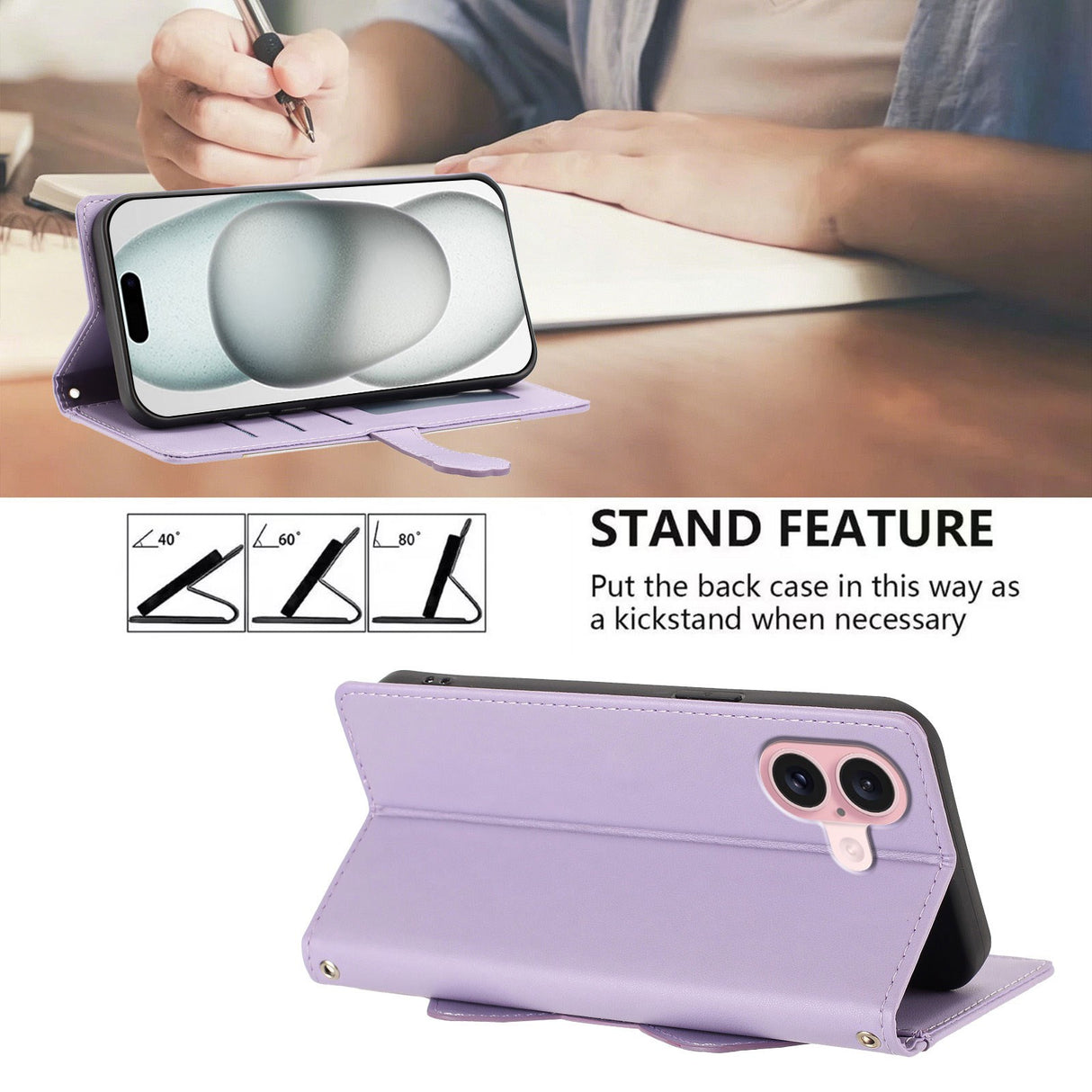 iPhone 16 Flip Cover - 3D Katteører - Kortholder - Ståfunktion - Lilla