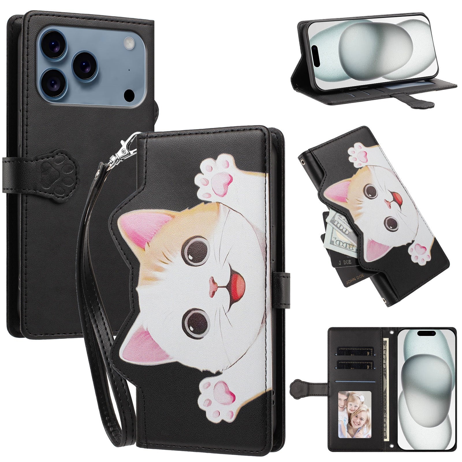 iPhone 18 Pro Max / 17 Pro Max Flip Cover - 3D Katteører - Kortholder - Ståfunktion - Sort