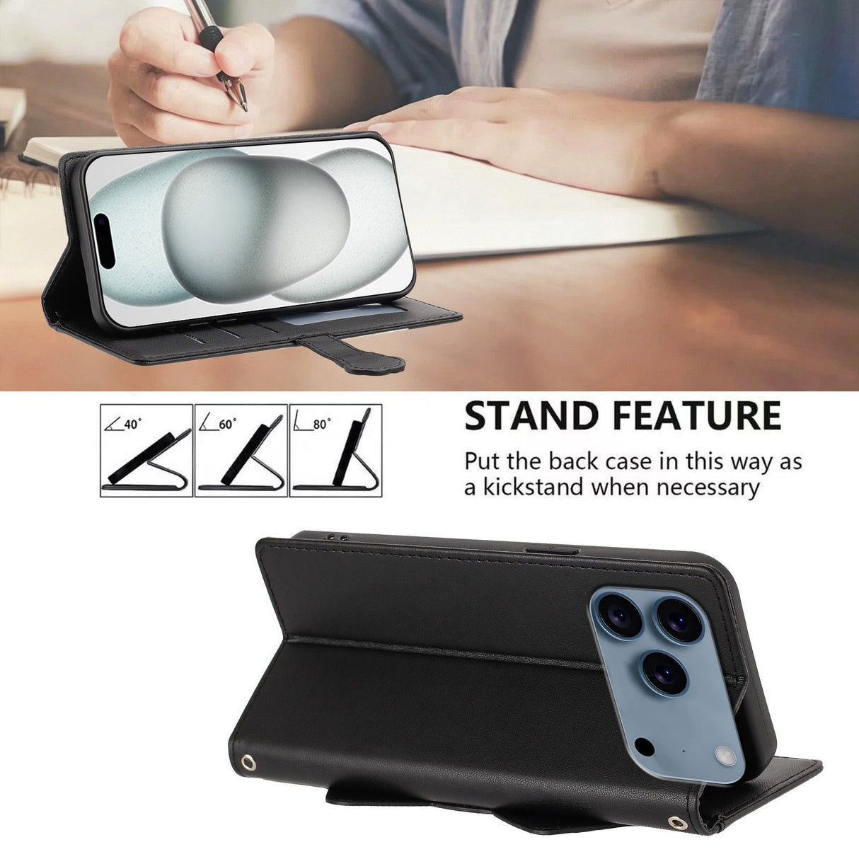 iPhone 18 Pro Max / 17 Pro Max Flip Cover - 3D Katteører - Kortholder - Ståfunktion - Sort