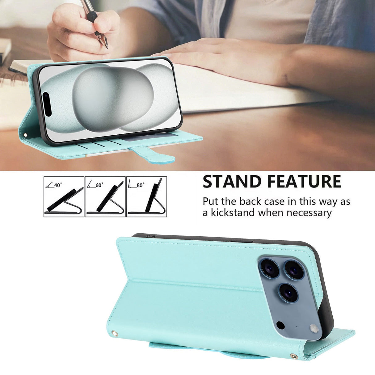 iPhone 18 Pro Max / 17 Pro Max Flip Cover - 3D Katteører - Kortholder - Ståfunktion - Blå