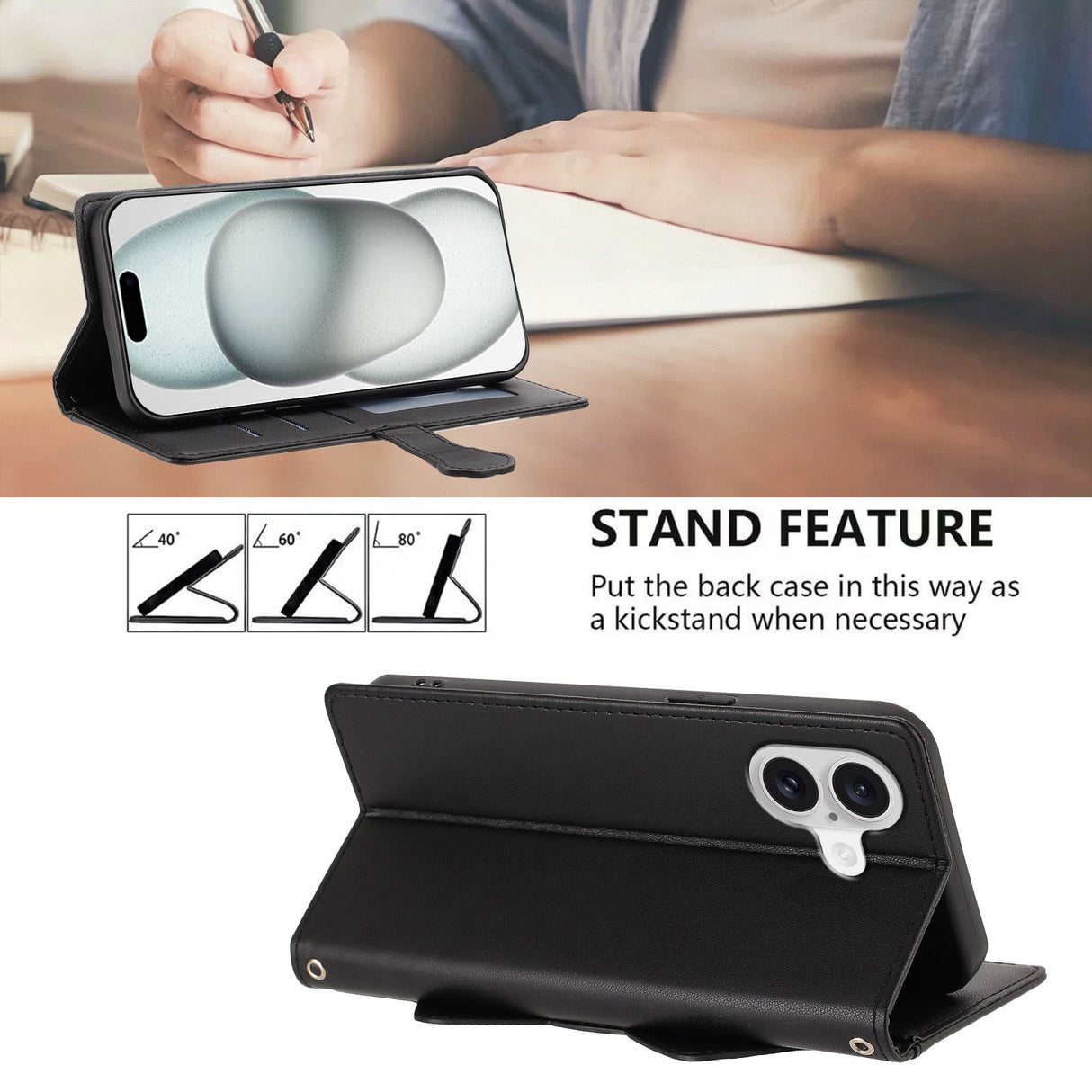 iPhone 18 / 17 Flip Cover - 3D Katteører - Kortholder - Ståfunktion - Sort