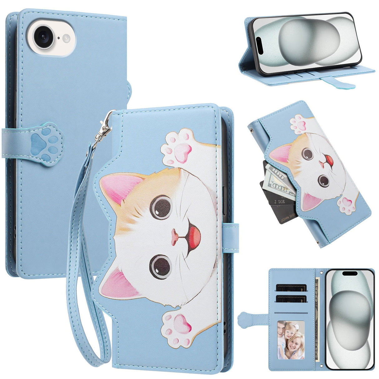 iPhone 17e / 16e Flip Cover - 3D Katteører - Kortholder - Ståfunktion - Blå