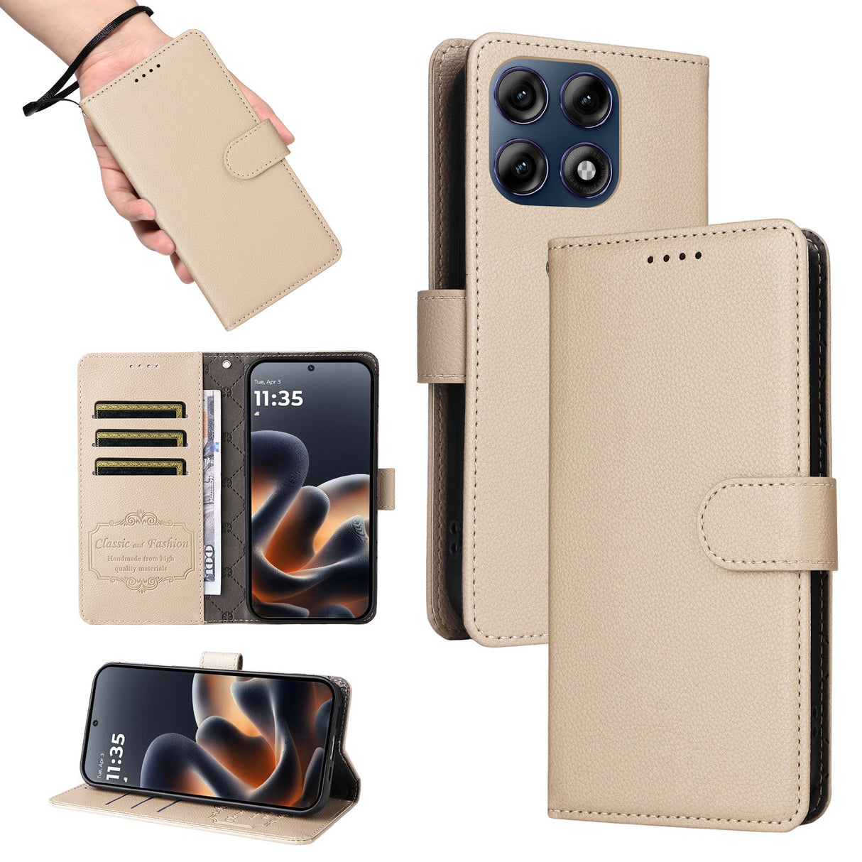 Motorola Edge 70 Pro EIDERWOOD Kunstlæder Flip Cover m. Strop & Ståfunktion - Beige