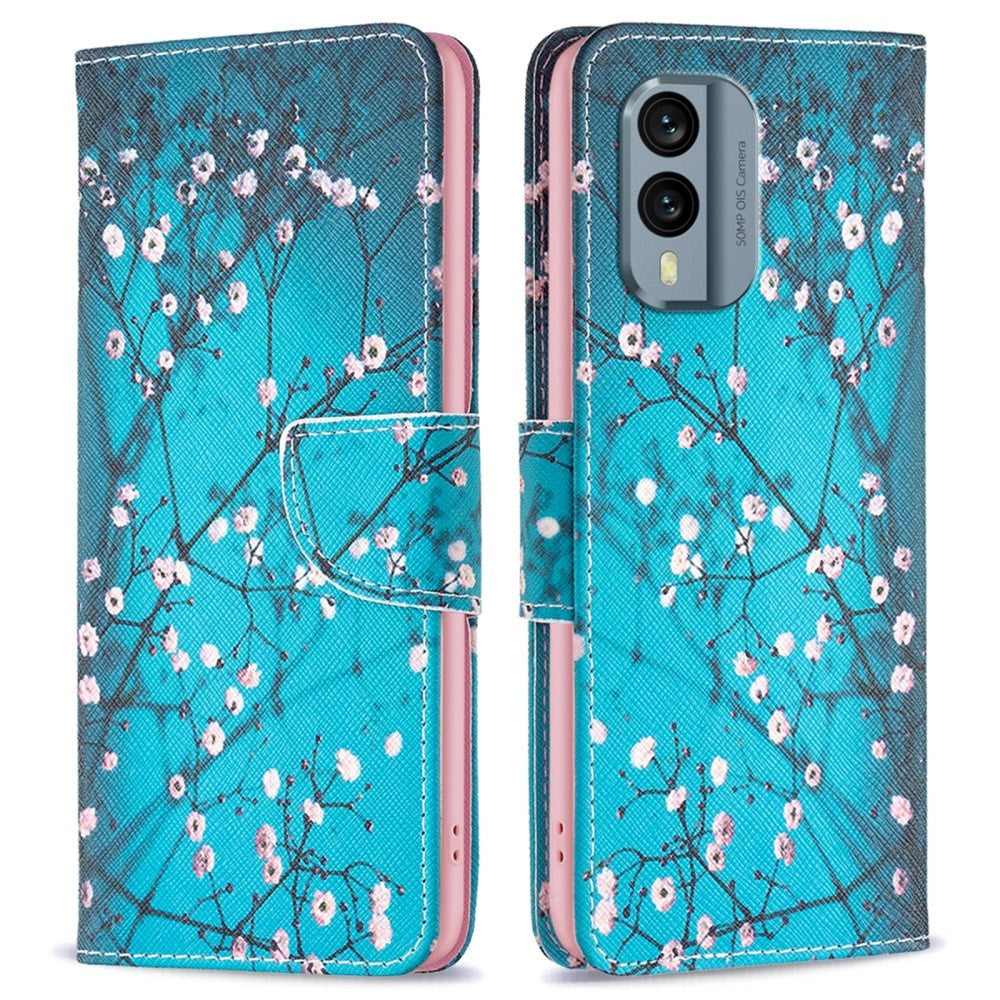 Nokia X30 Læder Flip Cover m. Pung & Print - Træ med Blomster