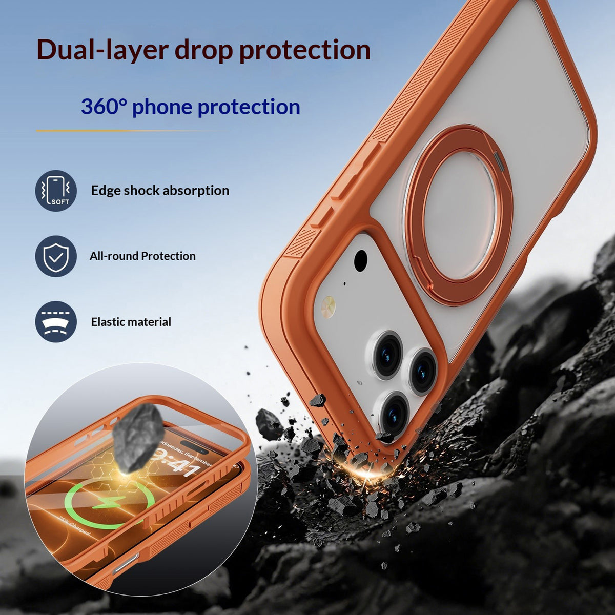 EIDERWOOD iPhone 18 Pro Max / 17 Pro Max Mobil Cover m. Skærmbeskyttelse og Kickstand - MagSafe Kompatibel - Orange / Gennemsigtig