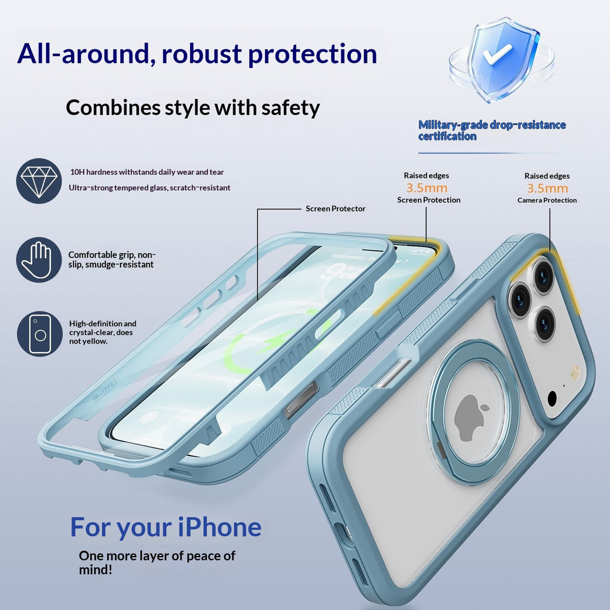 EIDERWOOD iPhone 18 Pro Max / 17 Pro Max Mobil Cover m. Skærmbeskyttelse og Kickstand - MagSafe Kompatibel - Blå / Gennemsigtig