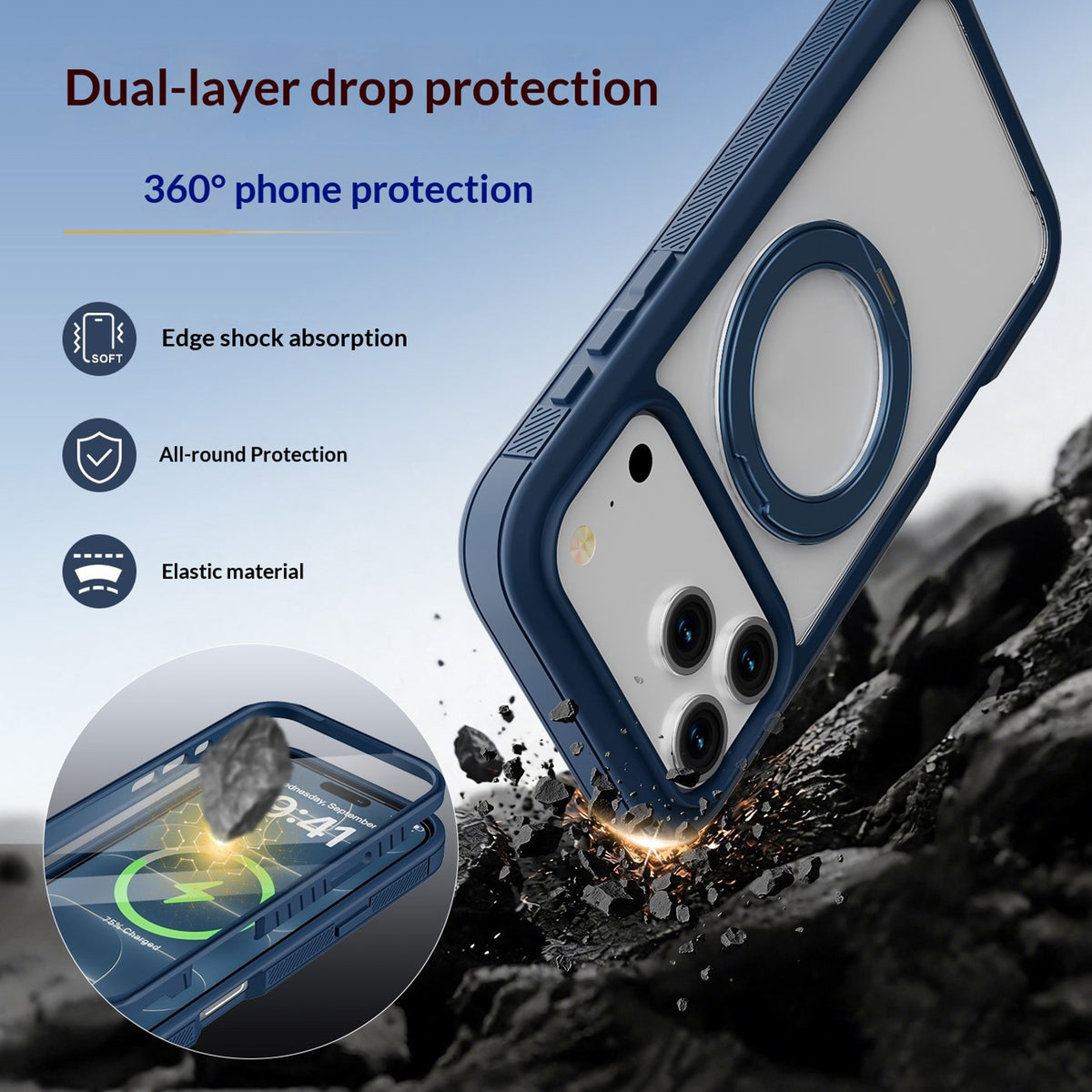 EIDERWOOD iPhone 18 Pro Max / 17 Pro Max Mobil Cover m. Skærmbeskyttelse og Kickstand - MagSafe Kompatibel - Blå / Gennemsigtig