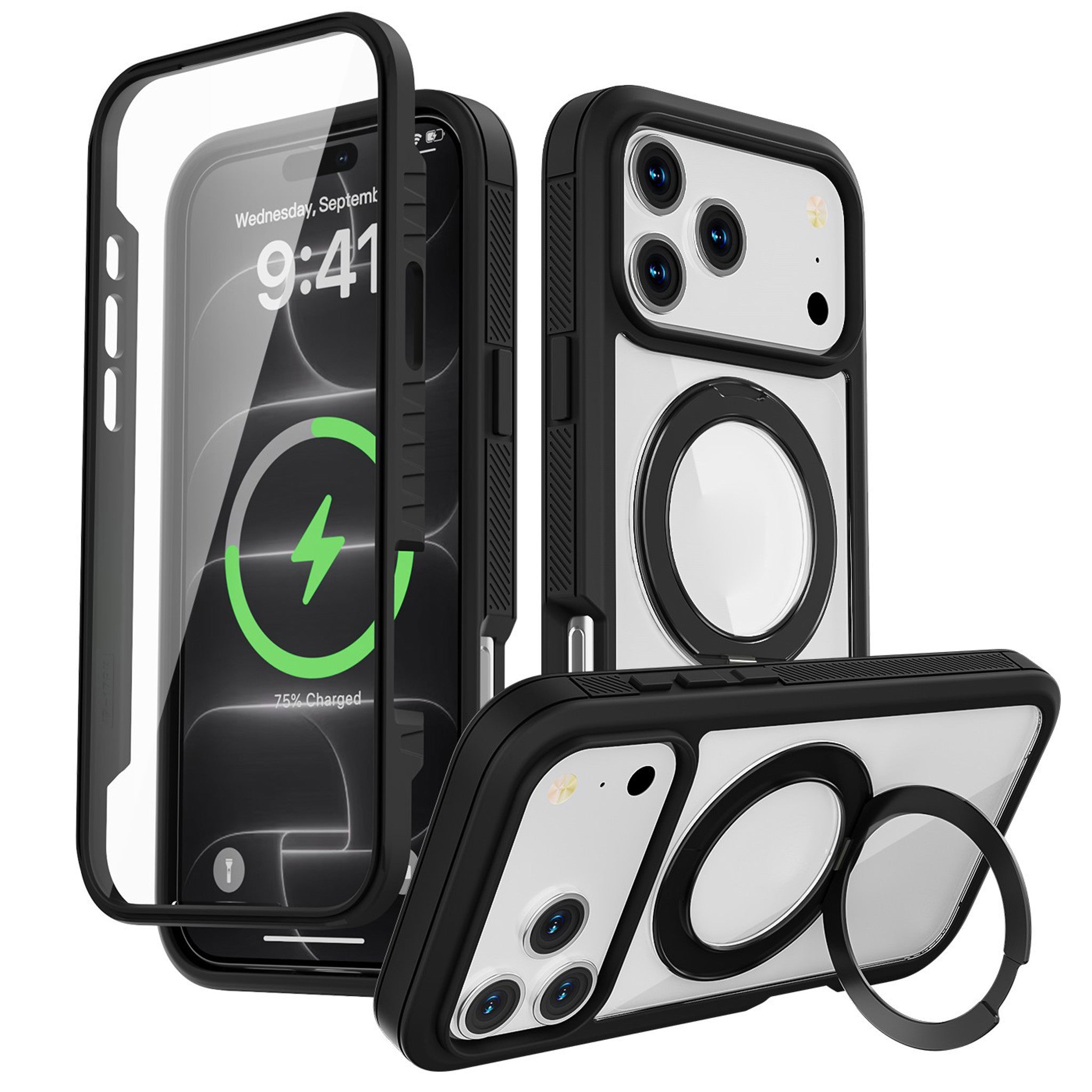 EIDERWOOD iPhone 18 Pro / 17 Pro Mobil Cover m. Skærmbeskyttelse og Kickstand - MagSafe Kompatibel - Sort /Gennemsigtig