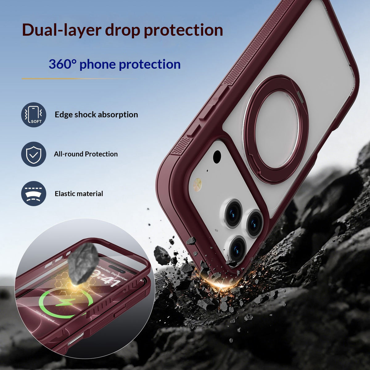EIDERWOOD iPhone 18 Pro / 17 Pro Mobil Cover m. Skærmbeskyttelse og Kickstand - MagSafe Kompatibel - Rød / Gennemsigtig