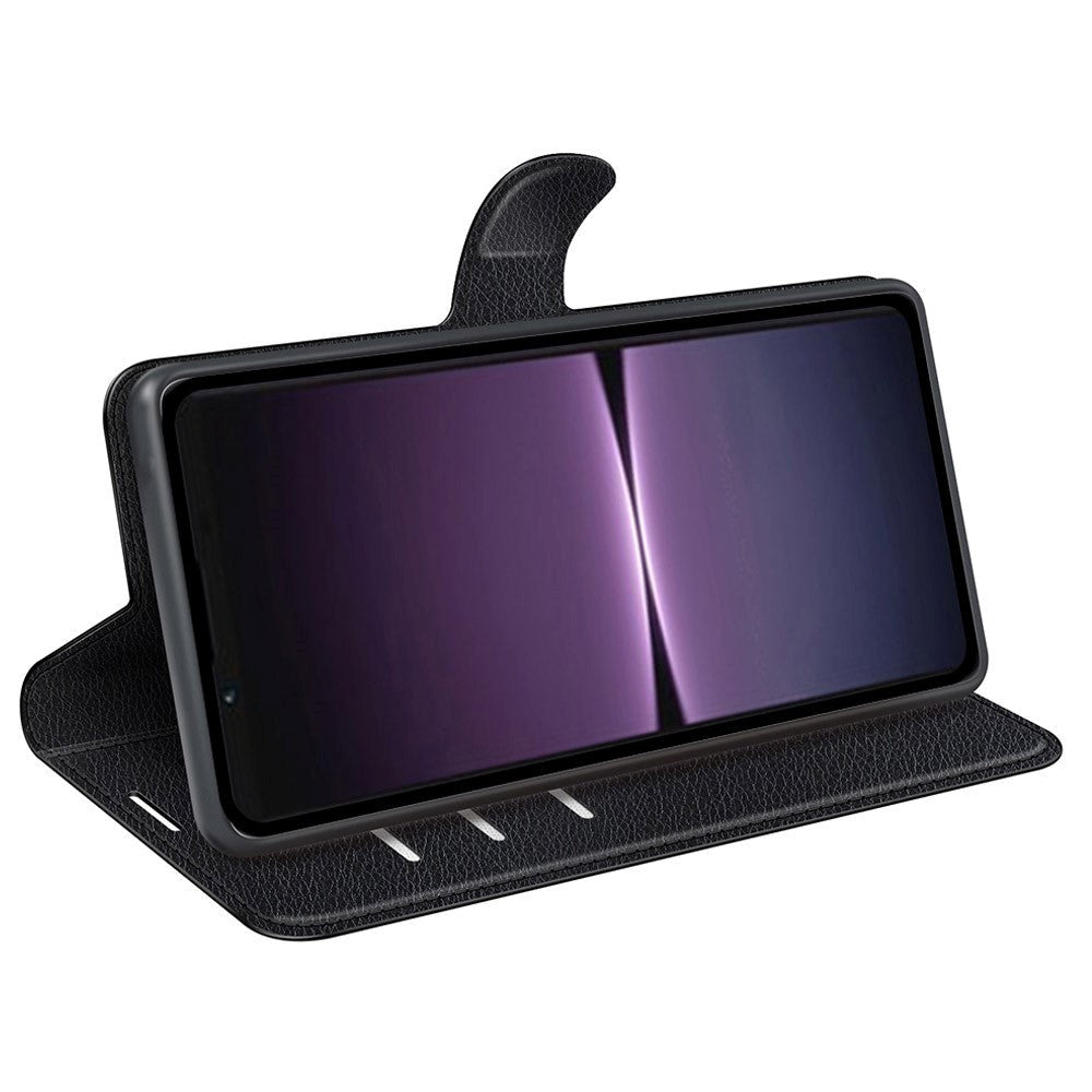 Sony Xperia 1 V Litchi Læder Flip Cover m. Pung - Sort