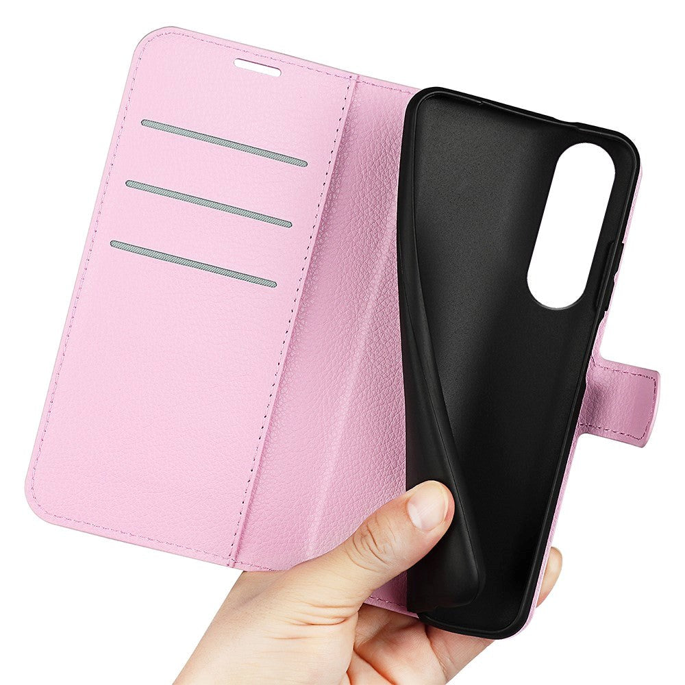 Sony Xperia 1 V Litchi Læder Flip Cover m. Pung - Lyserød