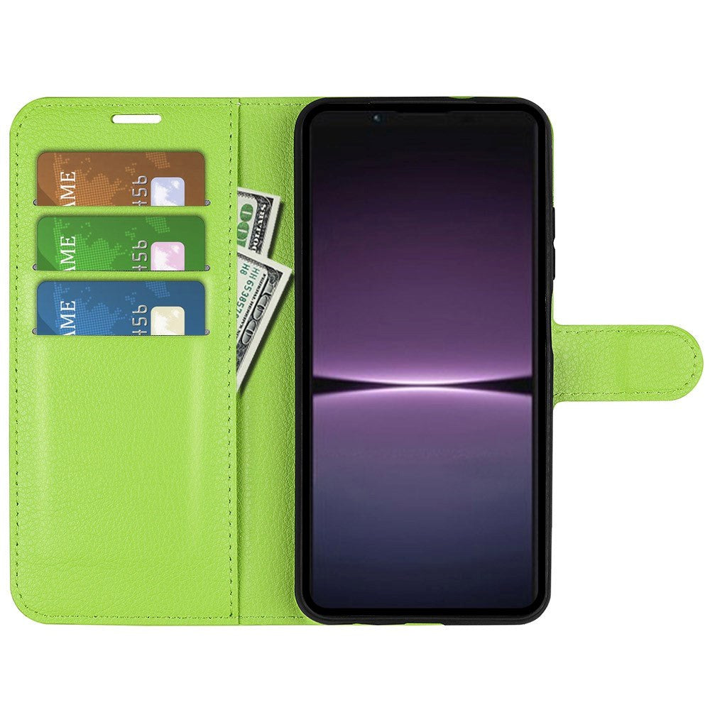 Sony Xperia 1 V Litchi Læder Flip Cover m. Pung - Grøn