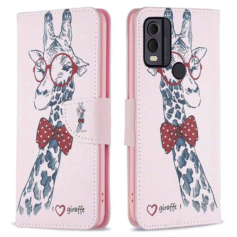 Nokia C22 Læder Flip Cover m. Pung & Print - Giraf