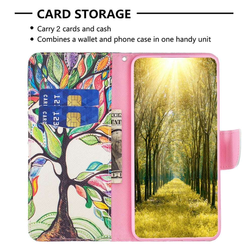 Nokia C22 Læder Flip Cover m. Pung & Print - Farverigt Træ