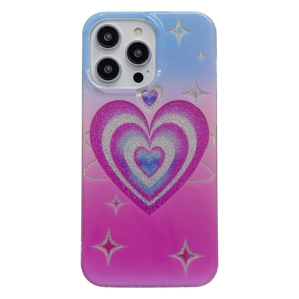 iPhone 14 Pro Glitter Plastik Bagside Cover - Hjerte & Stjerner