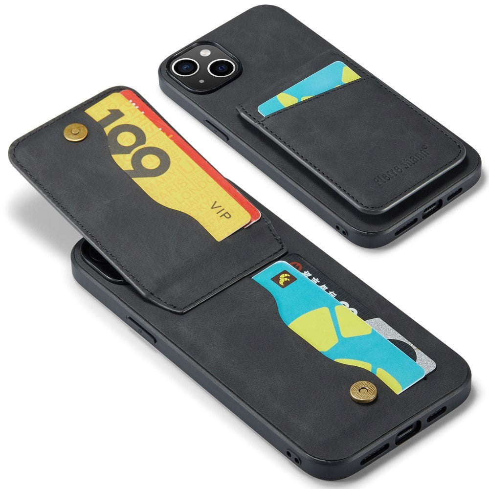 iPhone 14 Læderbelagt Plastik Bagside Cover m. Kortholdere og Ståfunktion - Sort