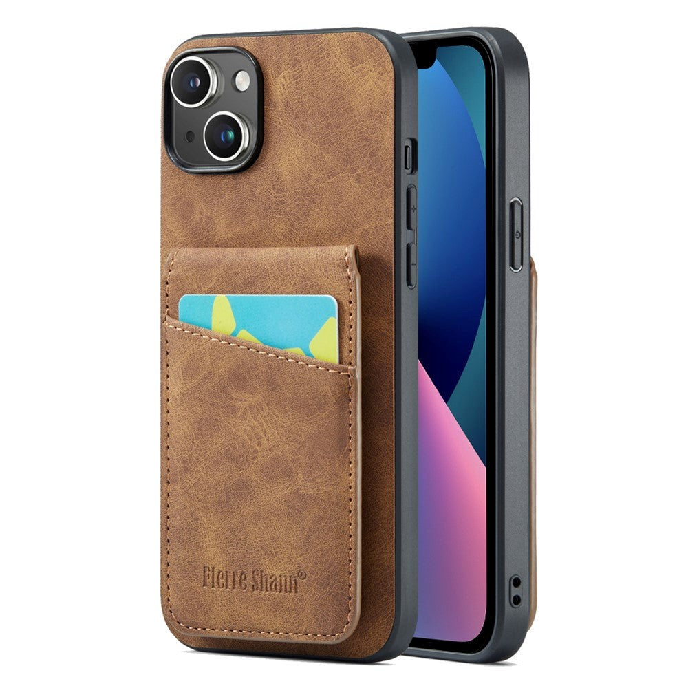 iPhone 13 Læderbelagt Plastik Bagside Cover m. Kortholdere og Ståfunktion - Brun