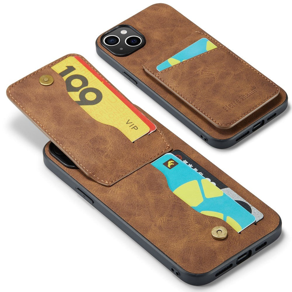 iPhone 13 Læderbelagt Plastik Bagside Cover m. Kortholdere og Ståfunktion - Brun