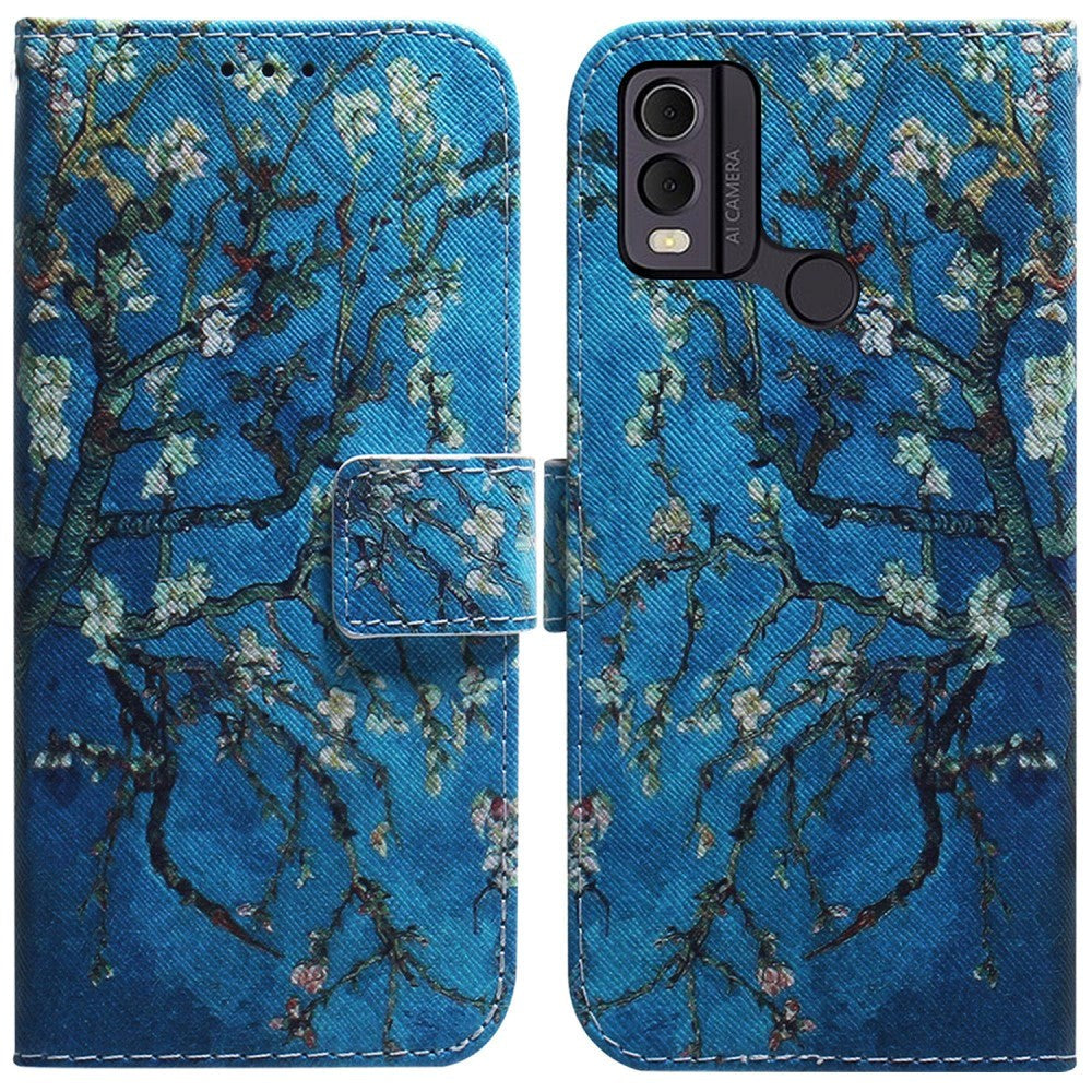 Nokia C22 Læder Flip Cover m. Pung & Print - Træ