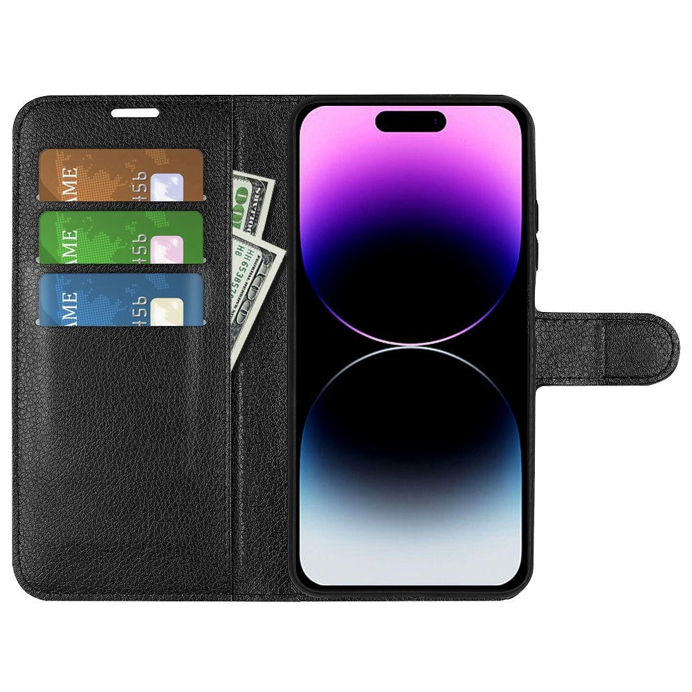 iPhone 15 Pro Litchi Læder Flip Cover m. Pung - Sort