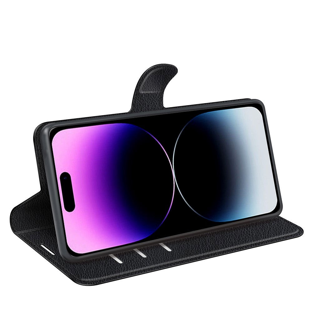 iPhone 15 Pro Litchi Læder Flip Cover m. Pung - Sort