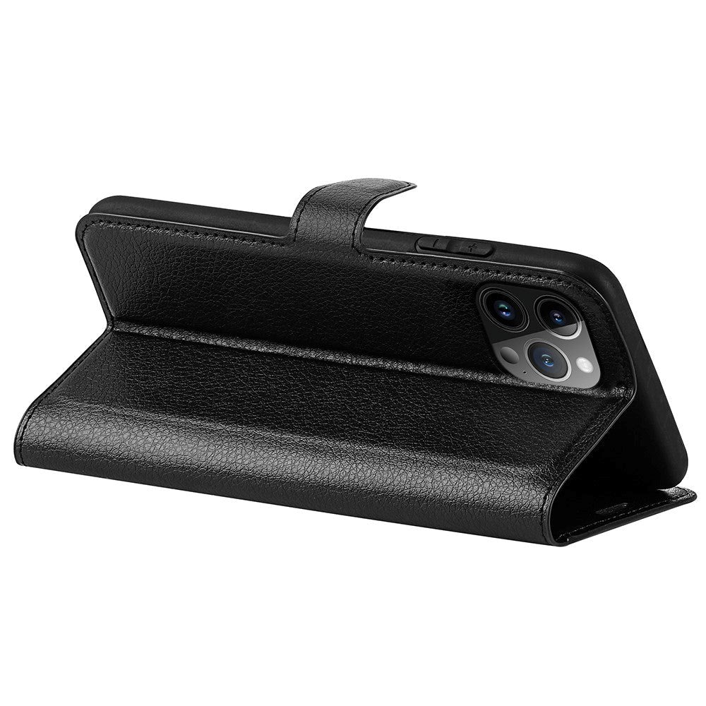 iPhone 15 Pro Litchi Læder Flip Cover m. Pung - Sort
