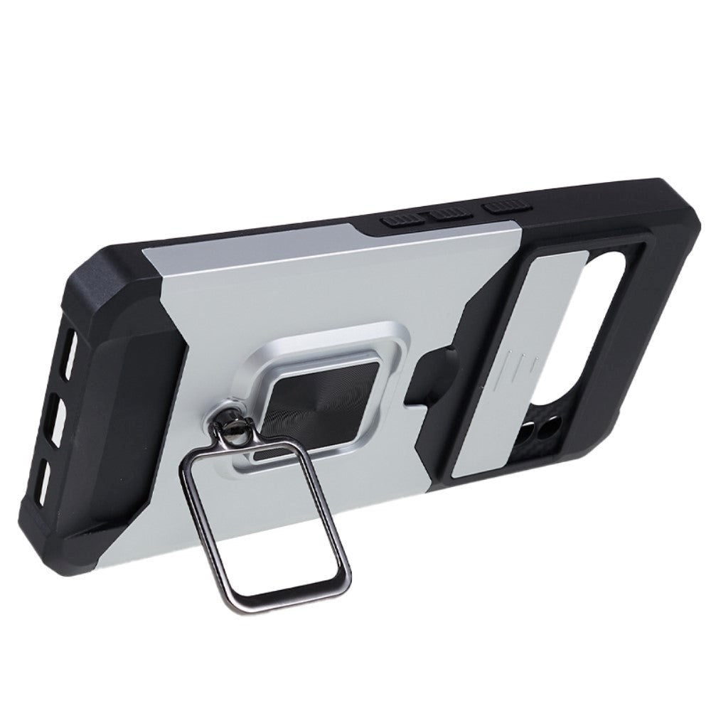 Google Pixel 8 Pro Håndværker Bagside Cover m. Magnetisk Kickstand, Kortholder & Cam Slider - Sølv