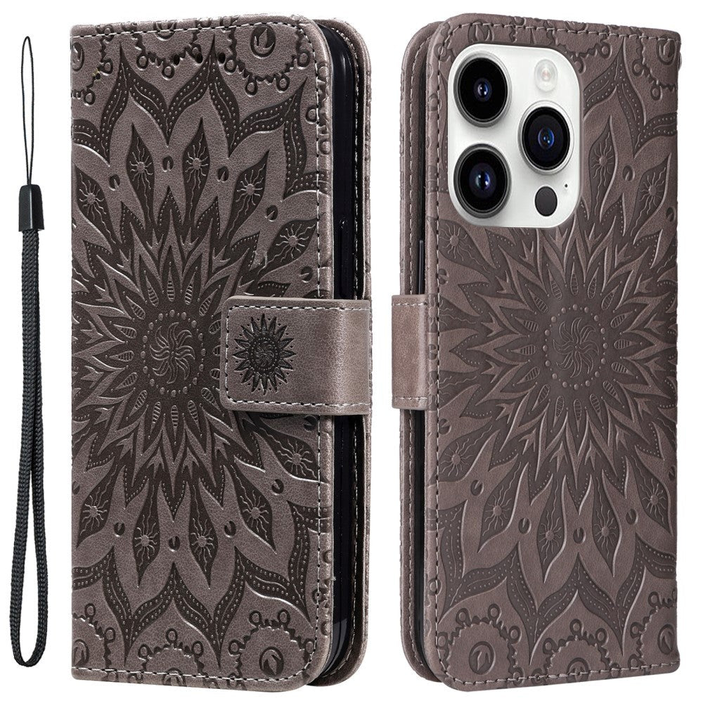 iPhone 15 Pro Læder Flip Cover m. Pung og Strop - Mandala Blomst - Brun